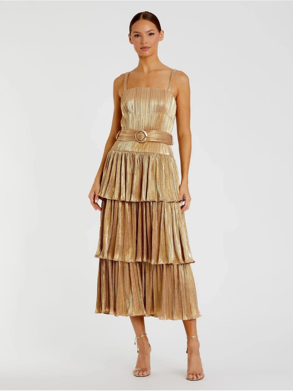 MAC DUGGAL
Ruffle Tiered Buckle Detail Dress in Gold Style 27062
